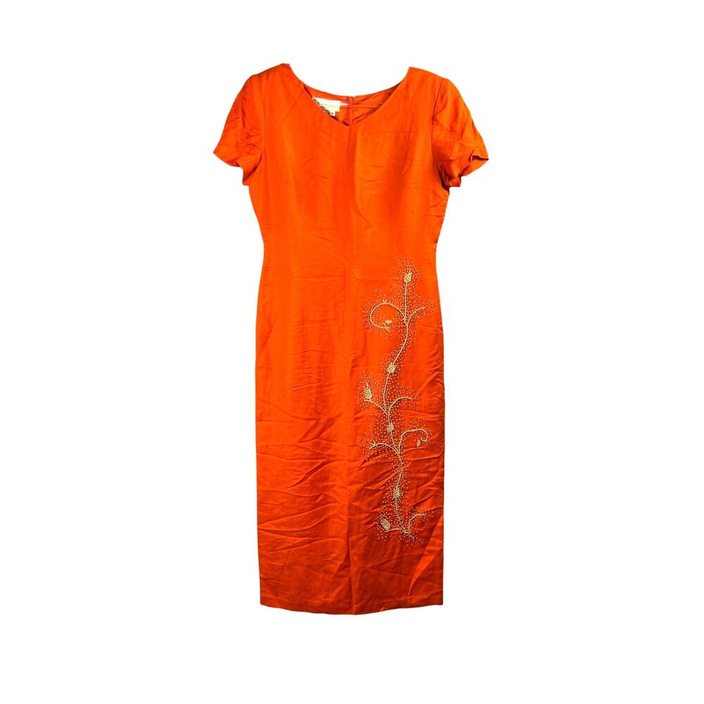 Vintage D Morgan Linen Midi Dress Orange Beaded Vines Size 12